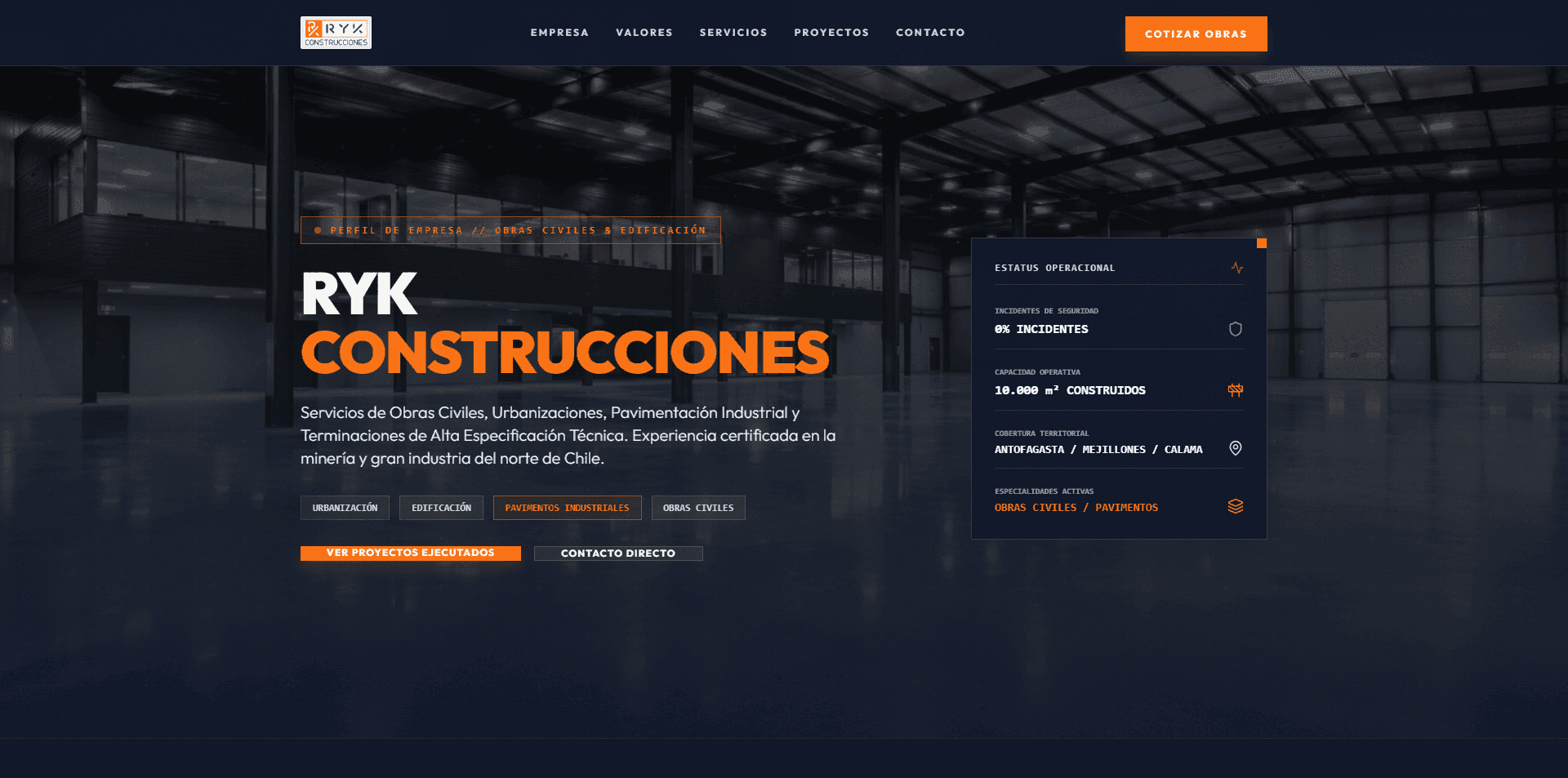 Sitio de RYK Construcciones, proyecto desarrollado por HojaCero